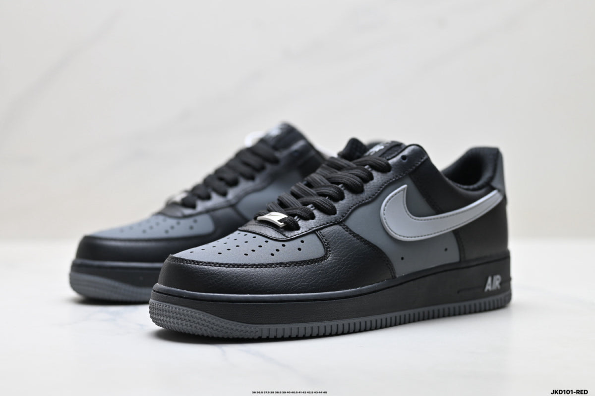 Nike Air Force 1 ’07 Low Black & Grey Sneakers, Contrast Swoosh Retro Lace-Up Casual Streetwear Shoes