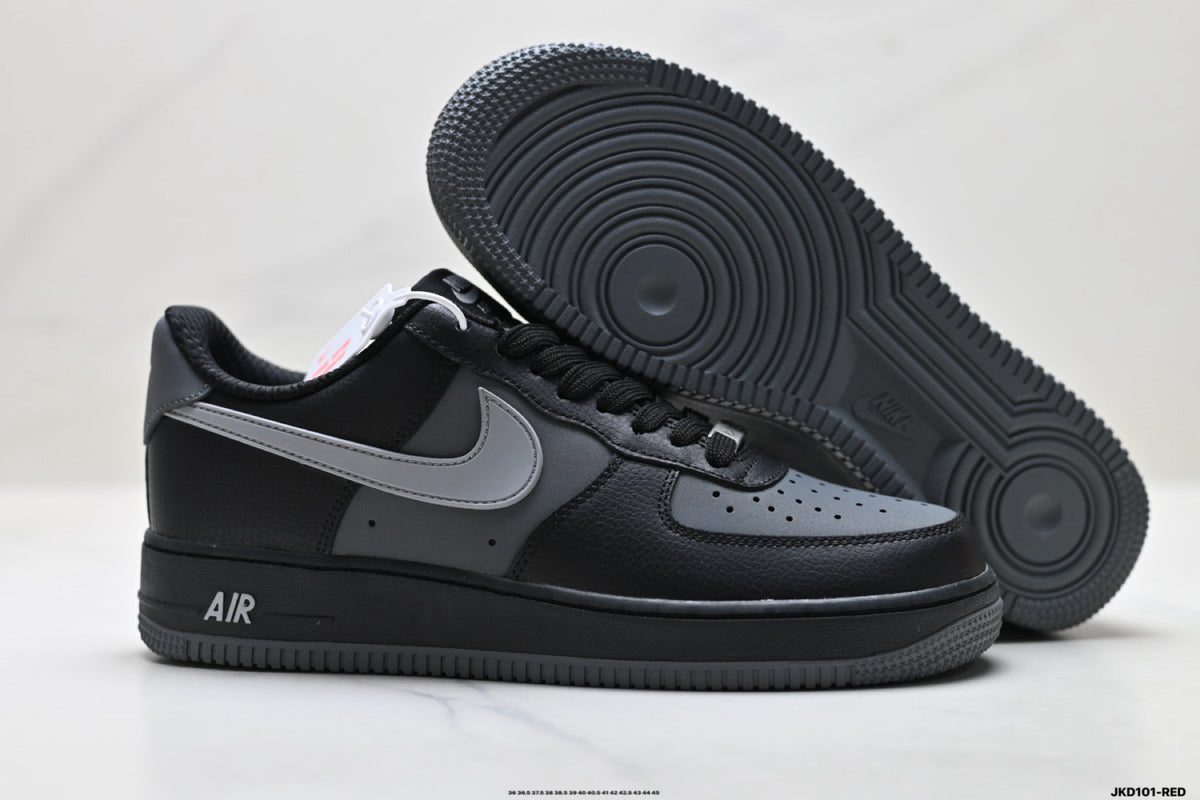 Nike Air Force 1 ’07 Low Black & Grey Sneakers, Contrast Swoosh Retro Lace-Up Casual Streetwear Shoes