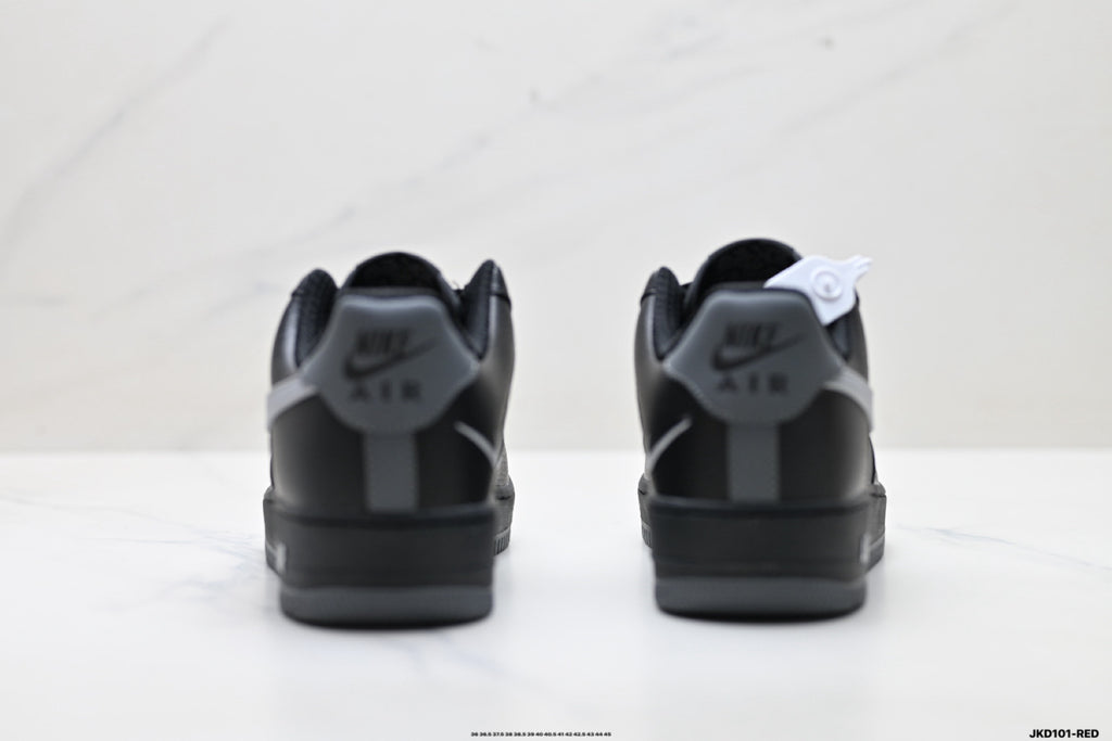 Nike Air Force 1 ’07 Low Black & Grey Sneakers, Contrast Swoosh Retro Lace-Up Casual Streetwear Shoes