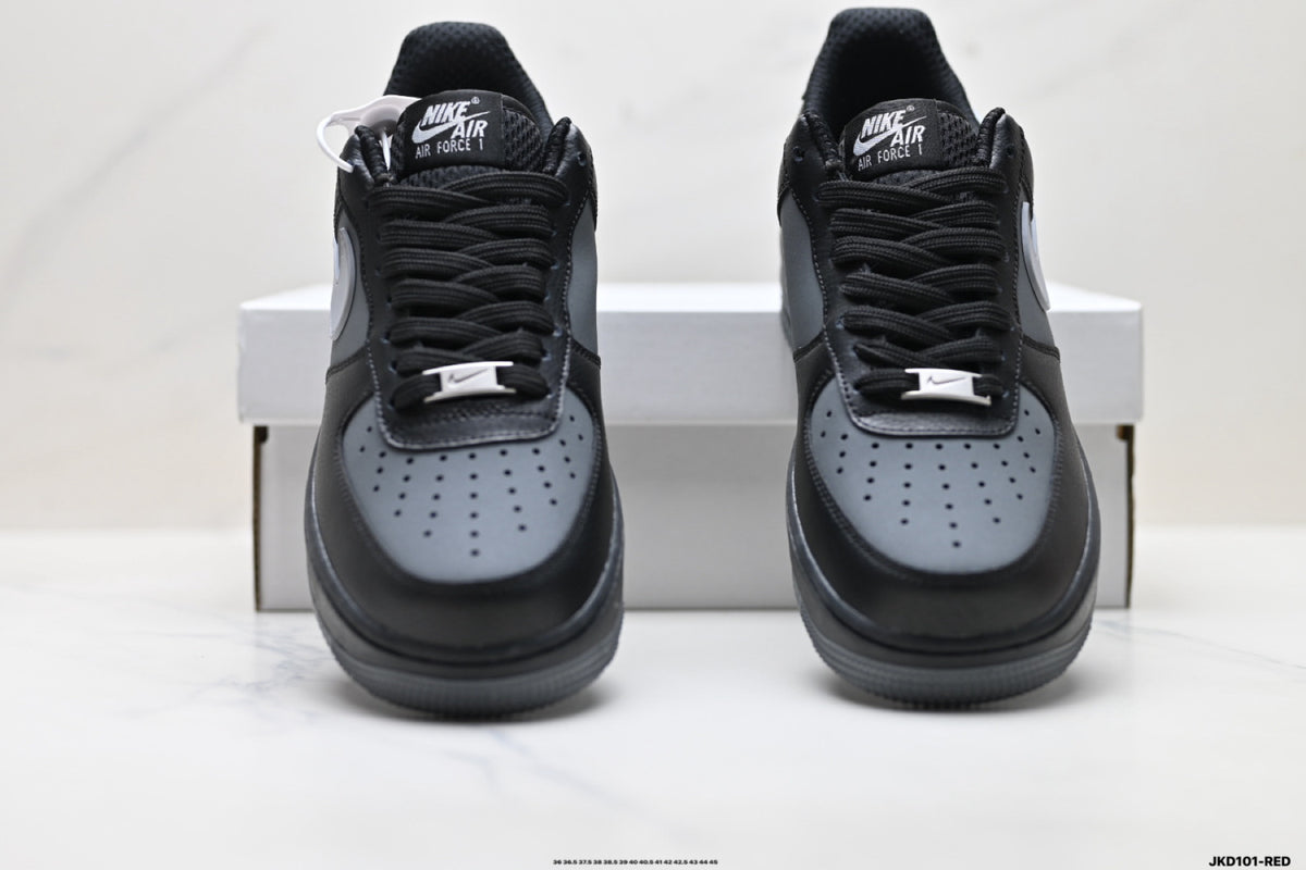 Nike Air Force 1 ’07 Low Black & Grey Sneakers, Contrast Swoosh Retro Lace-Up Casual Streetwear Shoes