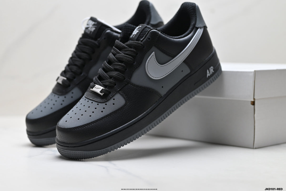 Nike Air Force 1 ’07 Low Black & Grey Sneakers, Contrast Swoosh Retro Lace-Up Casual Streetwear Shoes