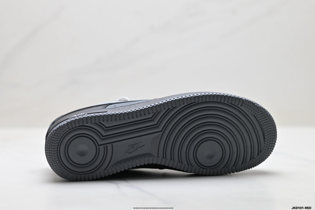 Nike Air Force 1 ’07 Low Black & Grey Sneakers, Contrast Swoosh Retro Lace-Up Casual Streetwear Shoes