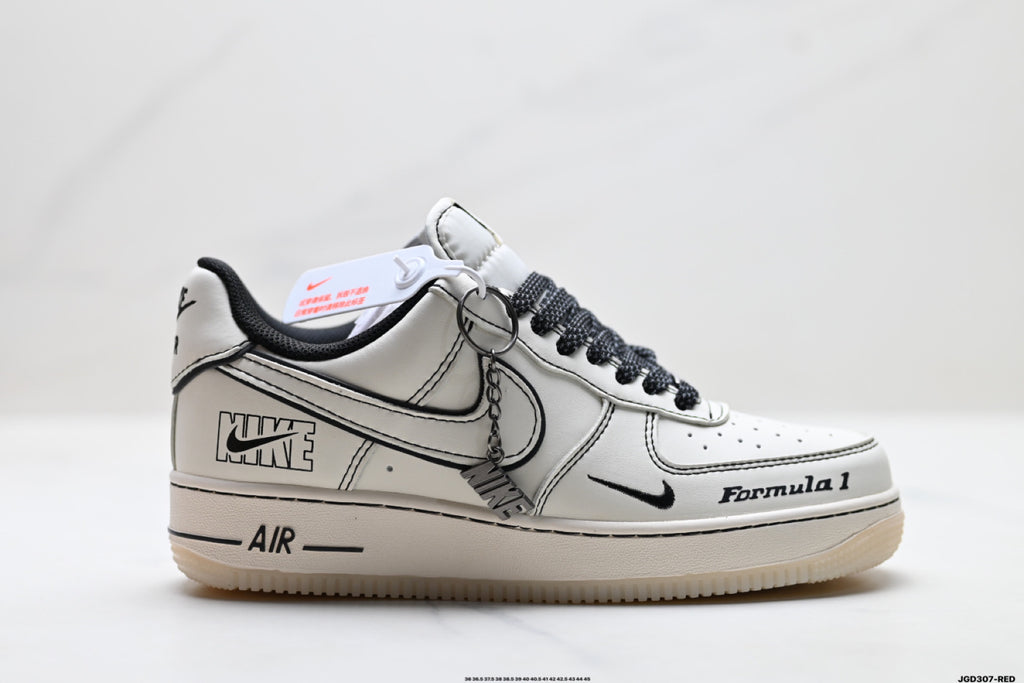 Nike Air Force 1 ’07 LV8 White & Black Graphic Sneakers, Outlined Swoosh Low-Top Lace-Up Casual Streetwear Shoes