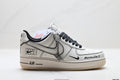 Nike Air Force 1 ’07 LV8 White & Black Graphic Sneakers, Outlined Swoosh Low-Top Lace-Up Casual Streetwear Shoes
