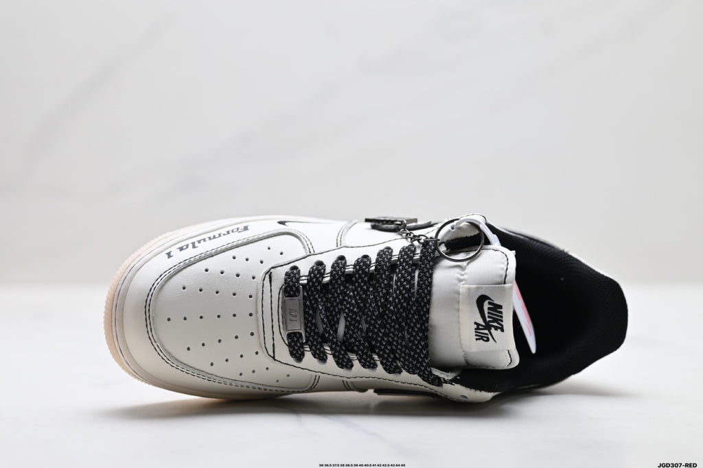Nike Air Force 1 ’07 LV8 White & Black Graphic Sneakers, Outlined Swoosh Low-Top Lace-Up Casual Streetwear Shoes