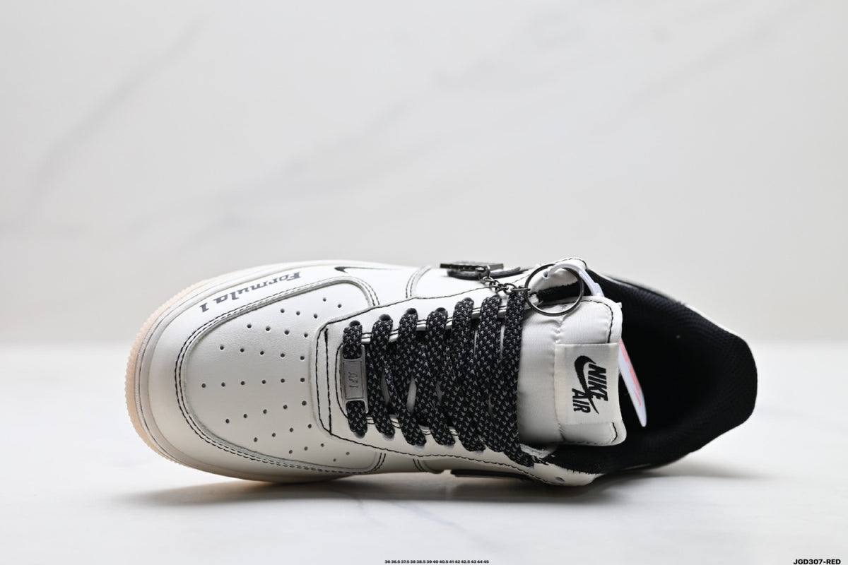 Nike Air Force 1 ’07 LV8 White & Black Graphic Sneakers, Outlined Swoosh Low-Top Lace-Up Casual Streetwear Shoes