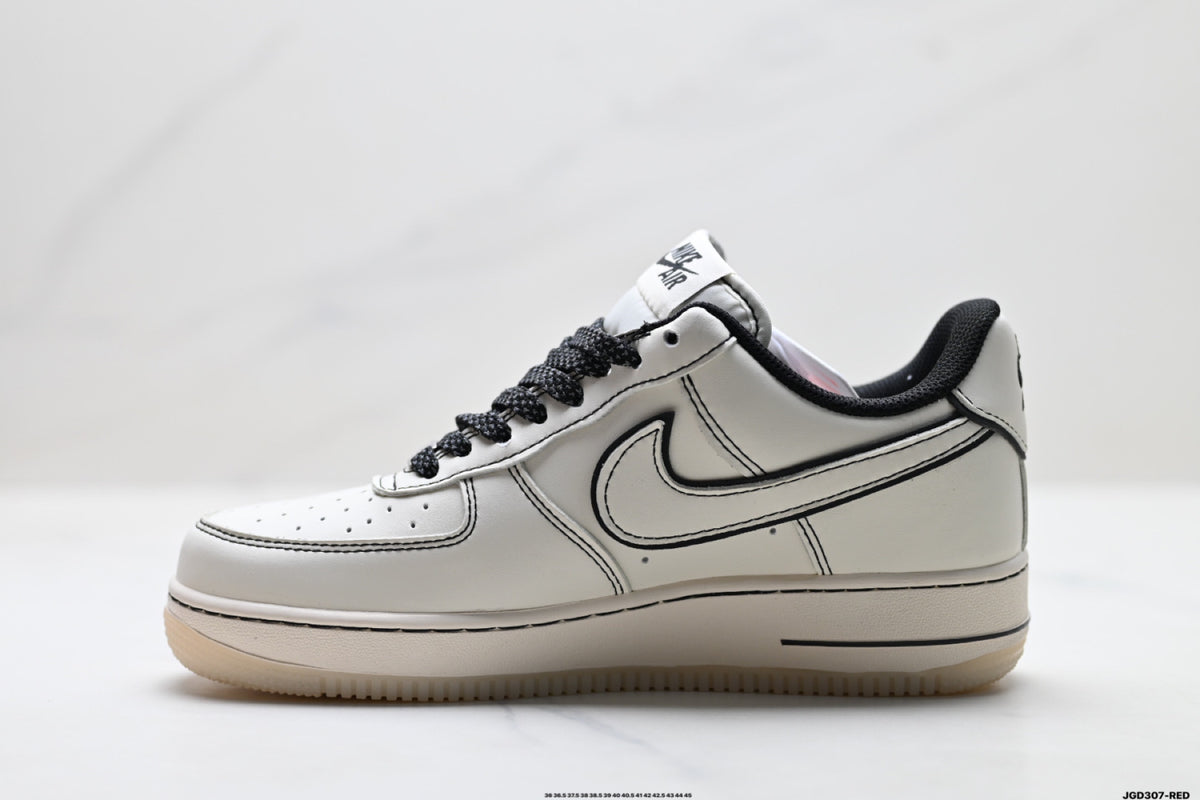 Nike Air Force 1 ’07 LV8 White & Black Graphic Sneakers, Outlined Swoosh Low-Top Lace-Up Casual Streetwear Shoes