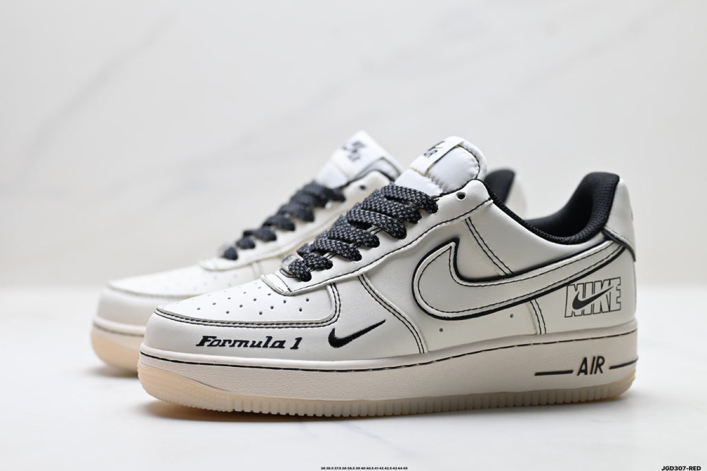 Nike Air Force 1 ’07 LV8 White & Black Graphic Sneakers, Outlined Swoosh Low-Top Lace-Up Casual Streetwear Shoes