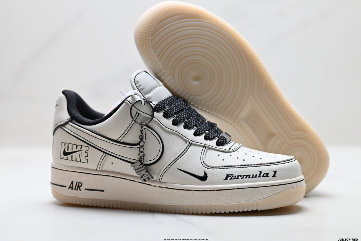 Nike Air Force 1 ’07 LV8 White & Black Graphic Sneakers, Outlined Swoosh Low-Top Lace-Up Casual Streetwear Shoes