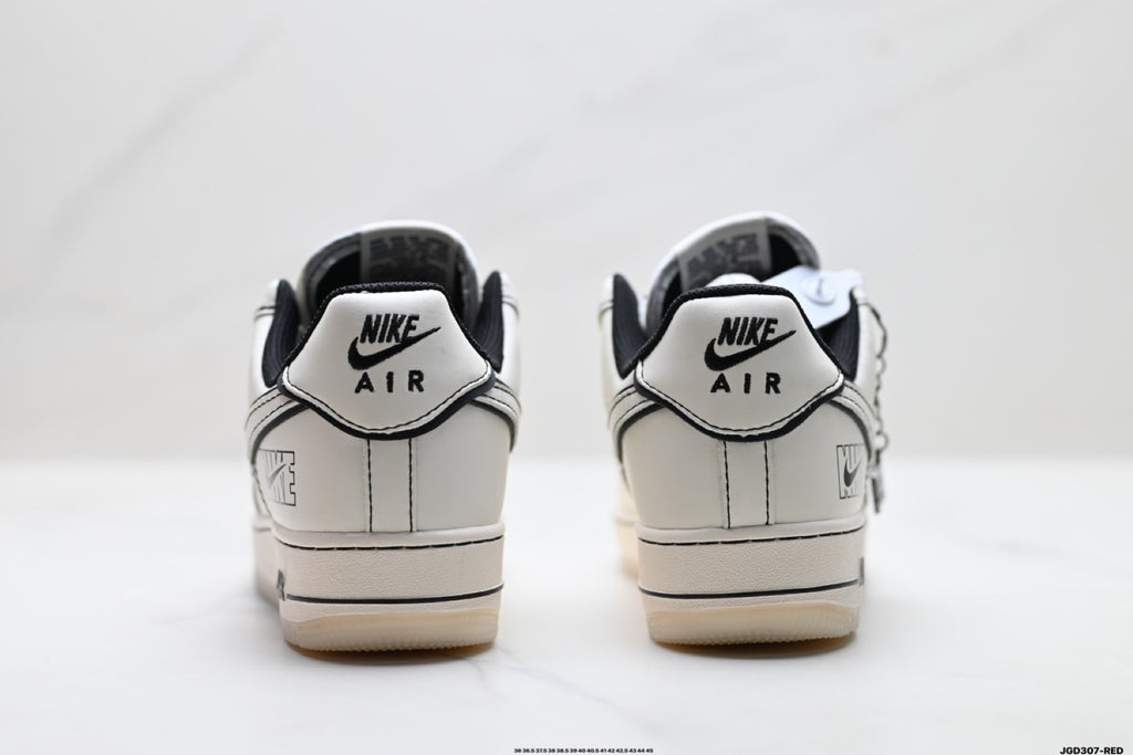 Nike Air Force 1 ’07 LV8 White & Black Graphic Sneakers, Outlined Swoosh Low-Top Lace-Up Casual Streetwear Shoes