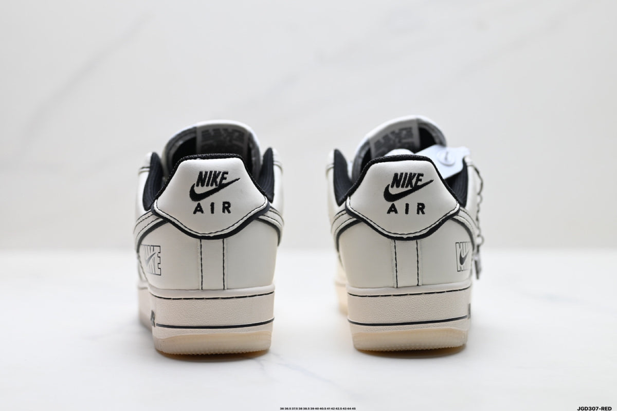 Nike Air Force 1 ’07 LV8 White & Black Graphic Sneakers, Outlined Swoosh Low-Top Lace-Up Casual Streetwear Shoes