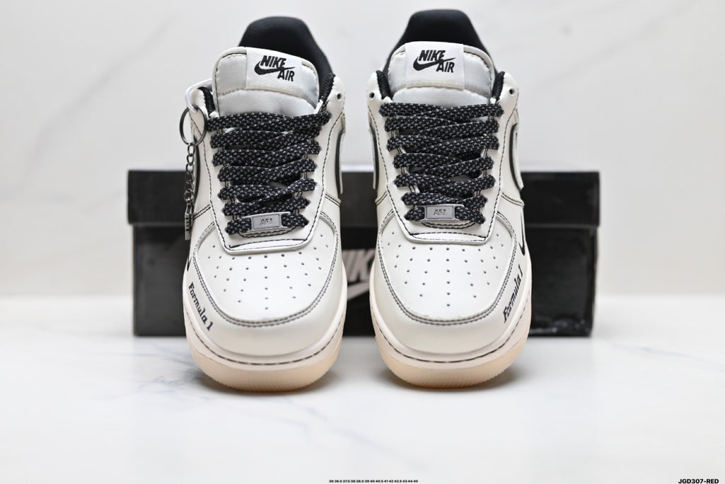 Nike Air Force 1 ’07 LV8 White & Black Graphic Sneakers, Outlined Swoosh Low-Top Lace-Up Casual Streetwear Shoes