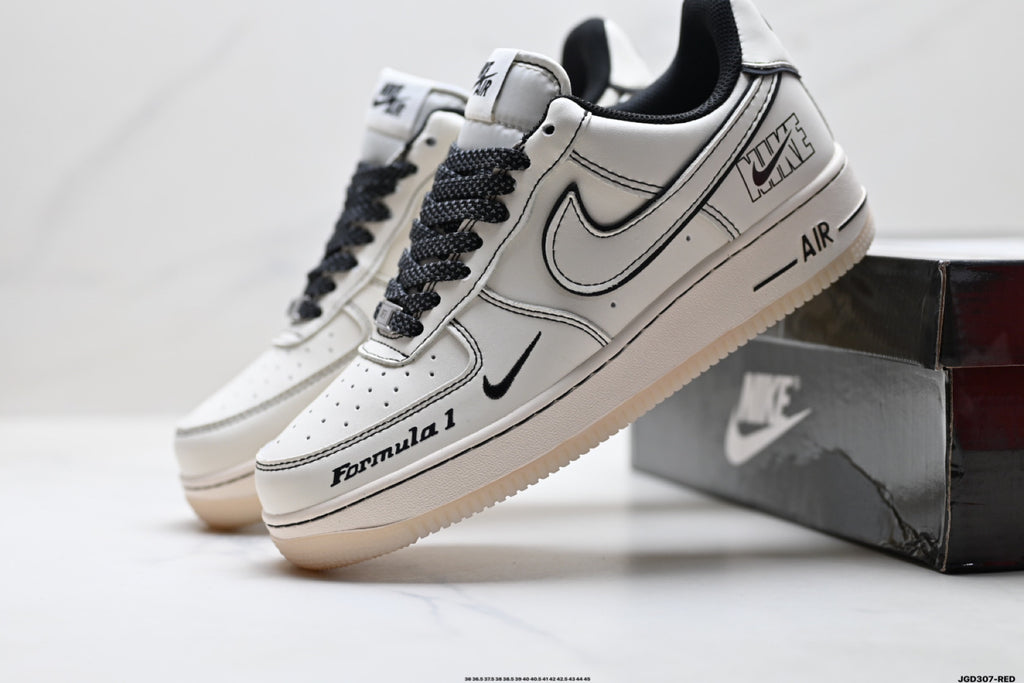 Nike Air Force 1 ’07 LV8 White & Black Graphic Sneakers, Outlined Swoosh Low-Top Lace-Up Casual Streetwear Shoes