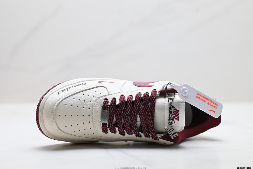 Nike Air Force 1 ’07 LV8 White & Burgundy Graphic Sneakers with Mini Swoosh, Low-Top Lace-Up Retro Casual Shoes