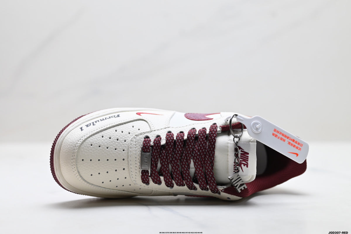 Nike Air Force 1 ’07 LV8 White & Burgundy Graphic Sneakers with Mini Swoosh, Low-Top Lace-Up Retro Casual Shoes
