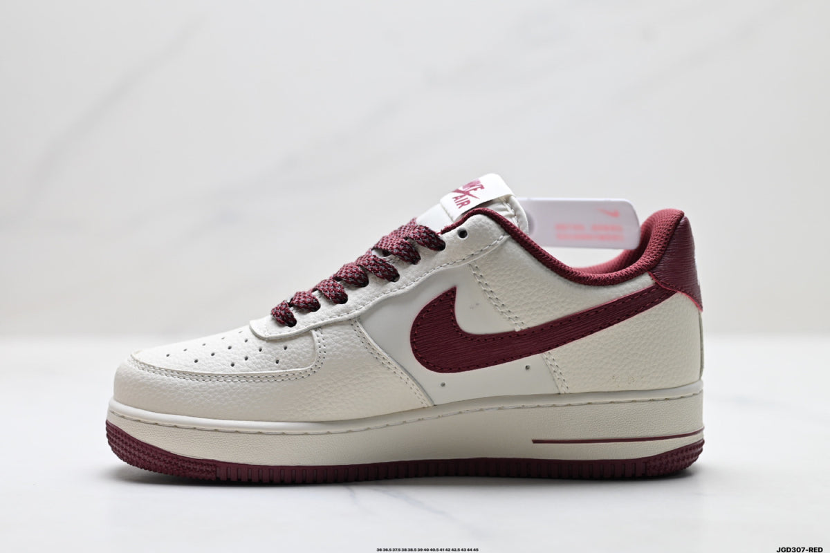 Nike Air Force 1 ’07 LV8 White & Burgundy Graphic Sneakers with Mini Swoosh, Low-Top Lace-Up Retro Casual Shoes
