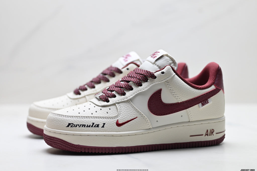 Nike Air Force 1 ’07 LV8 White & Burgundy Graphic Sneakers with Mini Swoosh, Low-Top Lace-Up Retro Casual Shoes