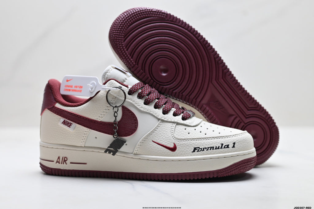 Nike Air Force 1 ’07 LV8 White & Burgundy Graphic Sneakers with Mini Swoosh, Low-Top Lace-Up Retro Casual Shoes