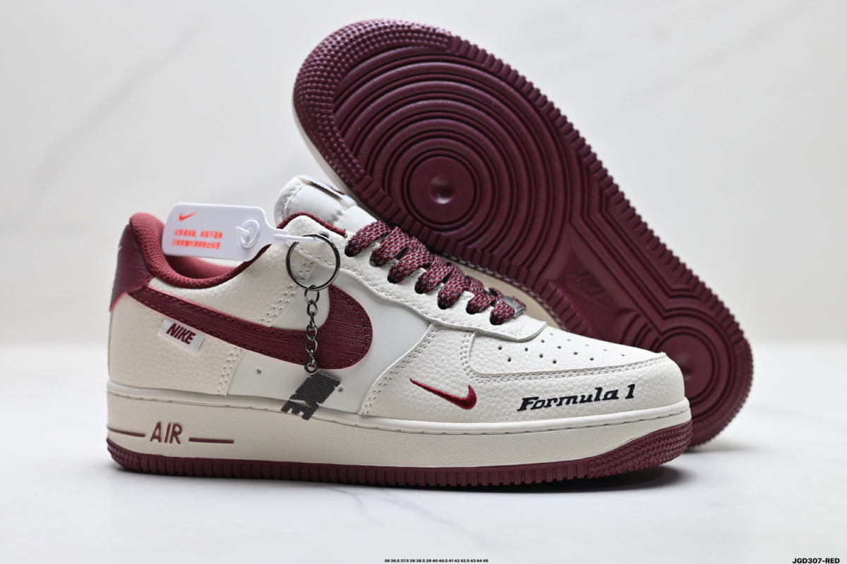 Nike Air Force 1 ’07 LV8 White & Burgundy Graphic Sneakers with Mini Swoosh, Low-Top Lace-Up Retro Casual Shoes