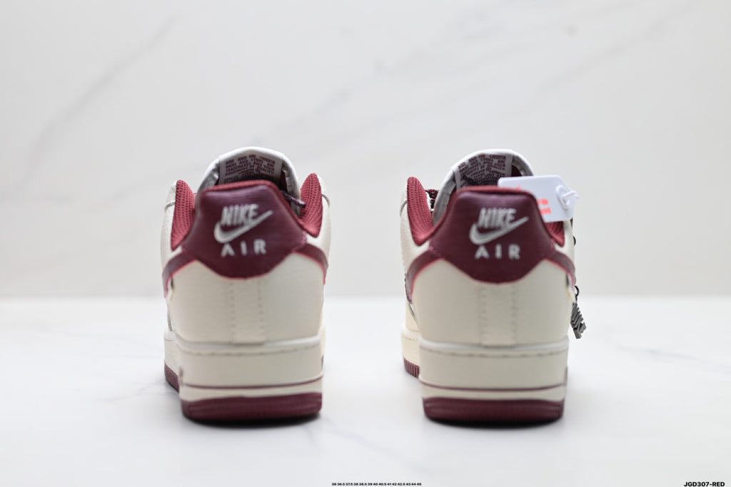 Nike Air Force 1 ’07 LV8 White & Burgundy Graphic Sneakers with Mini Swoosh, Low-Top Lace-Up Retro Casual Shoes