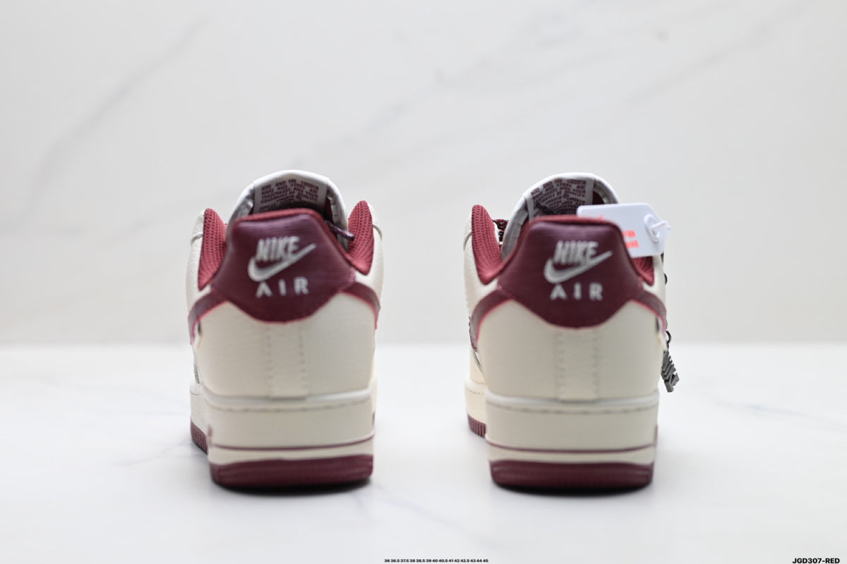 Nike Air Force 1 ’07 LV8 White & Burgundy Graphic Sneakers with Mini Swoosh, Low-Top Lace-Up Retro Casual Shoes
