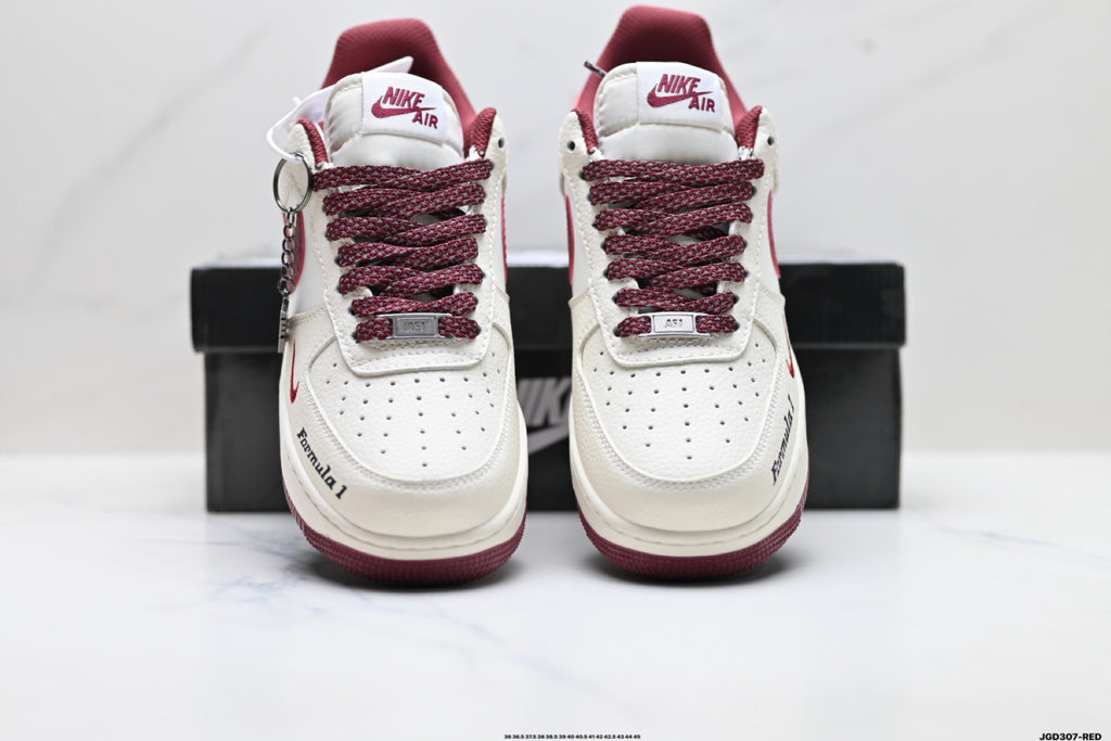 Nike Air Force 1 ’07 LV8 White & Burgundy Graphic Sneakers with Mini Swoosh, Low-Top Lace-Up Retro Casual Shoes