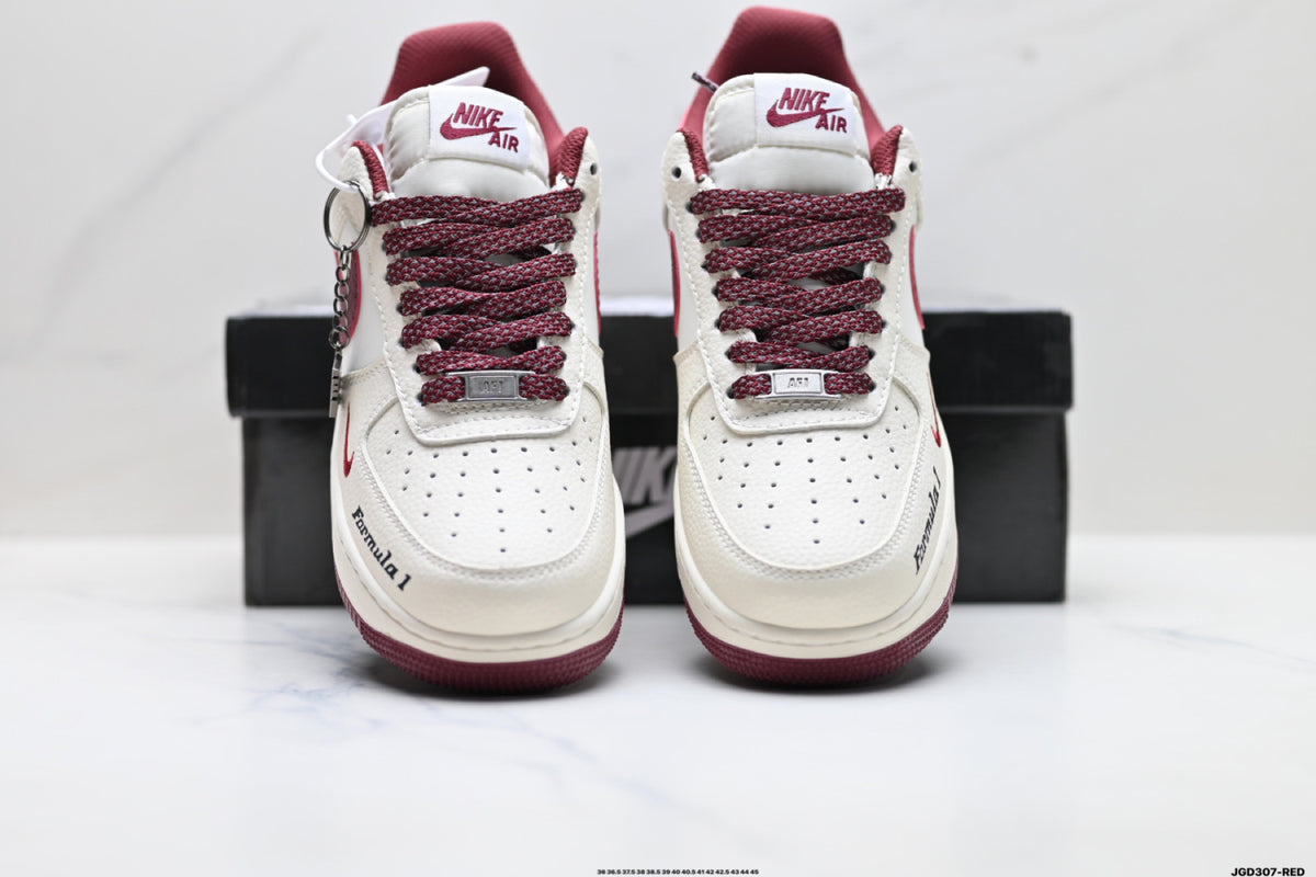 Nike Air Force 1 ’07 LV8 White & Burgundy Graphic Sneakers with Mini Swoosh, Low-Top Lace-Up Retro Casual Shoes