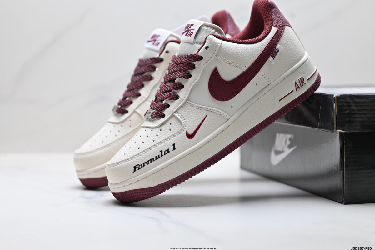 Nike Air Force 1 ’07 LV8 White & Burgundy Graphic Sneakers with Mini Swoosh, Low-Top Lace-Up Retro Casual Shoes