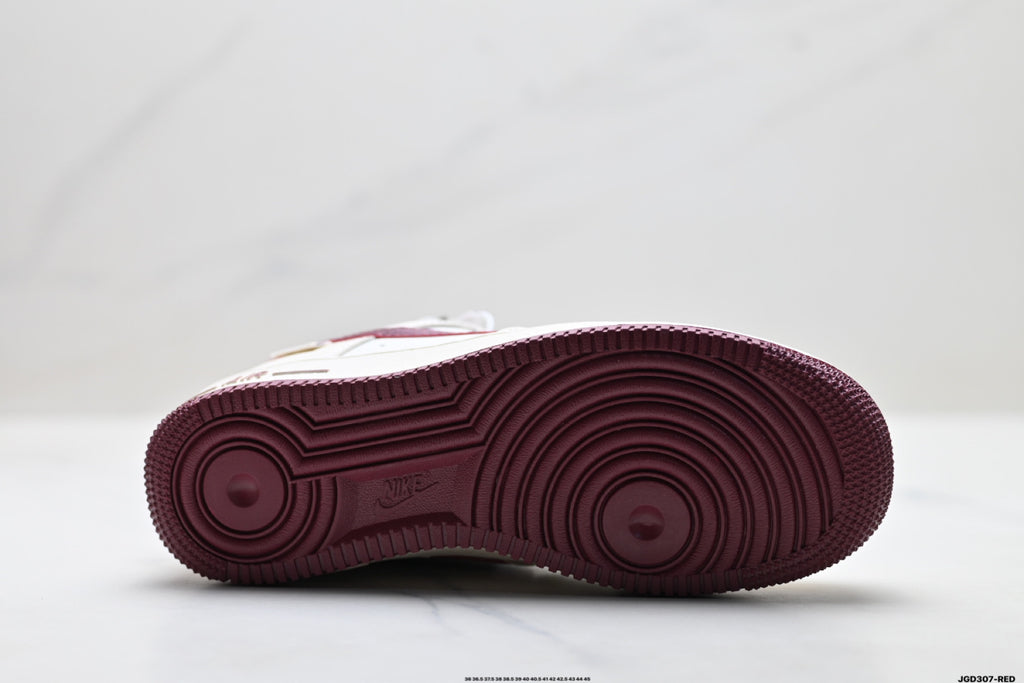 Nike Air Force 1 ’07 LV8 White & Burgundy Graphic Sneakers with Mini Swoosh, Low-Top Lace-Up Retro Casual Shoes