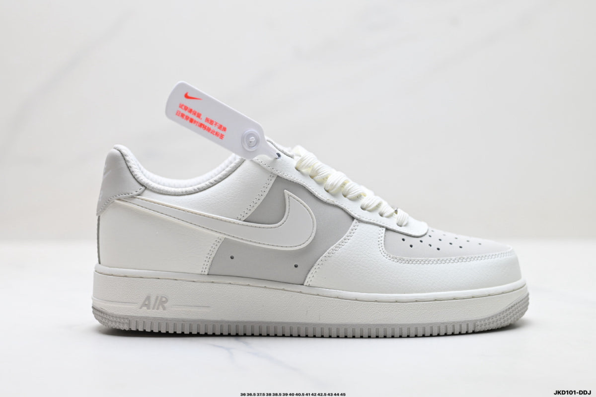 Nike Air Force 1 ’07 Low White & Grey Sneakers, Layered Swoosh Lace-Up Retro Casual Streetwear Shoes
