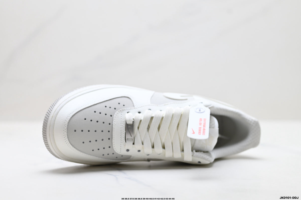 Nike Air Force 1 ’07 Low White & Grey Sneakers, Layered Swoosh Lace-Up Retro Casual Streetwear Shoes