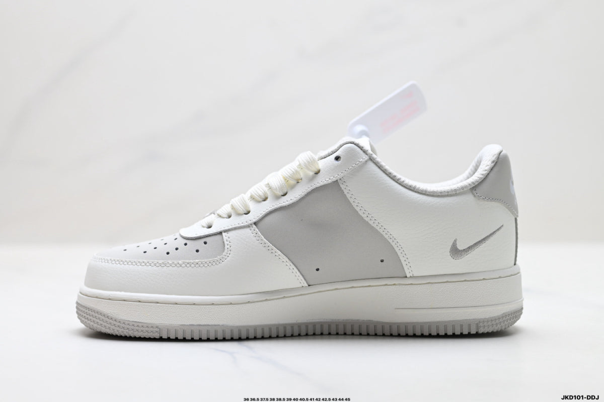 Nike Air Force 1 ’07 Low White & Grey Sneakers, Layered Swoosh Lace-Up Retro Casual Streetwear Shoes