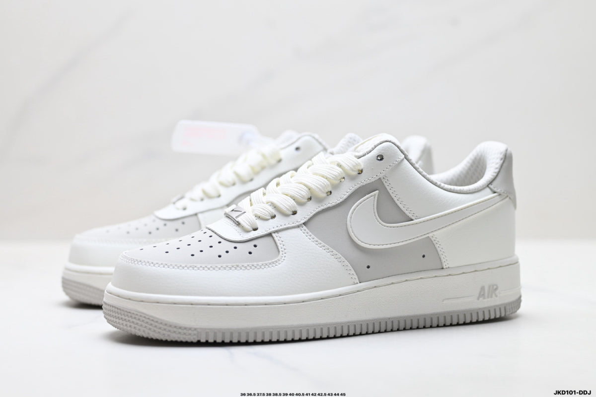 Nike Air Force 1 ’07 Low White & Grey Sneakers, Layered Swoosh Lace-Up Retro Casual Streetwear Shoes
