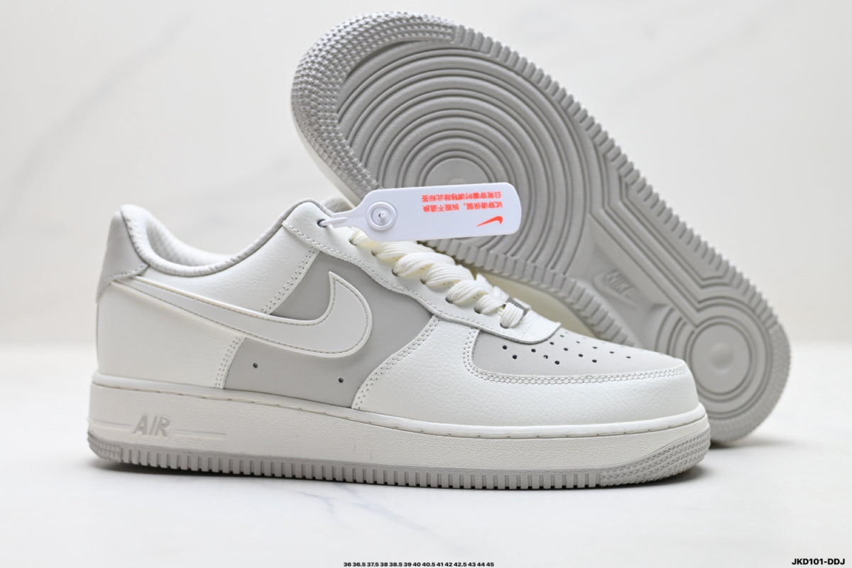 Nike Air Force 1 ’07 Low White & Grey Sneakers, Layered Swoosh Lace-Up Retro Casual Streetwear Shoes