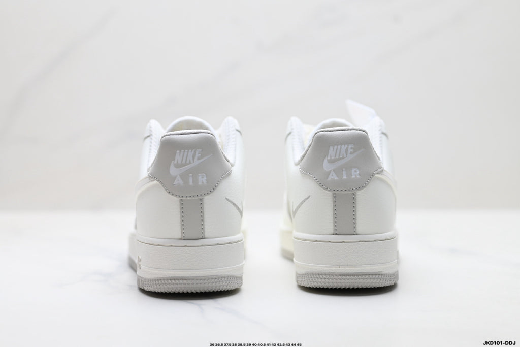 Nike Air Force 1 ’07 Low White & Grey Sneakers, Layered Swoosh Lace-Up Retro Casual Streetwear Shoes