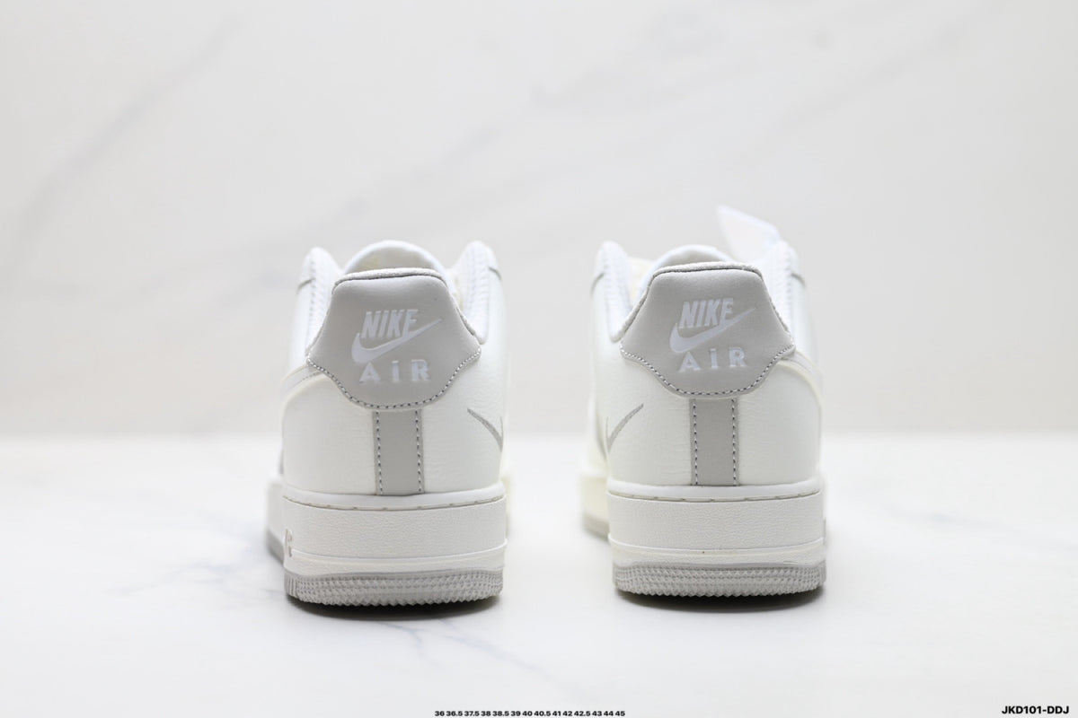 Nike Air Force 1 ’07 Low White & Grey Sneakers, Layered Swoosh Lace-Up Retro Casual Streetwear Shoes