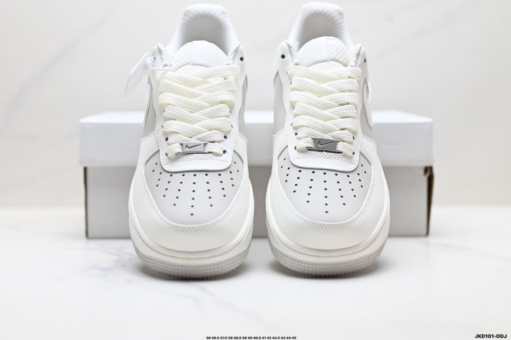 Nike Air Force 1 ’07 Low White & Grey Sneakers, Layered Swoosh Lace-Up Retro Casual Streetwear Shoes