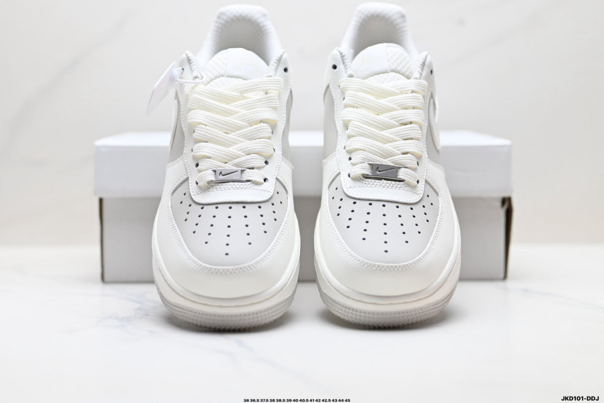 Nike Air Force 1 ’07 Low White & Grey Sneakers, Layered Swoosh Lace-Up Retro Casual Streetwear Shoes