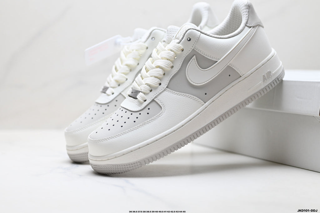 Nike Air Force 1 ’07 Low White & Grey Sneakers, Layered Swoosh Lace-Up Retro Casual Streetwear Shoes