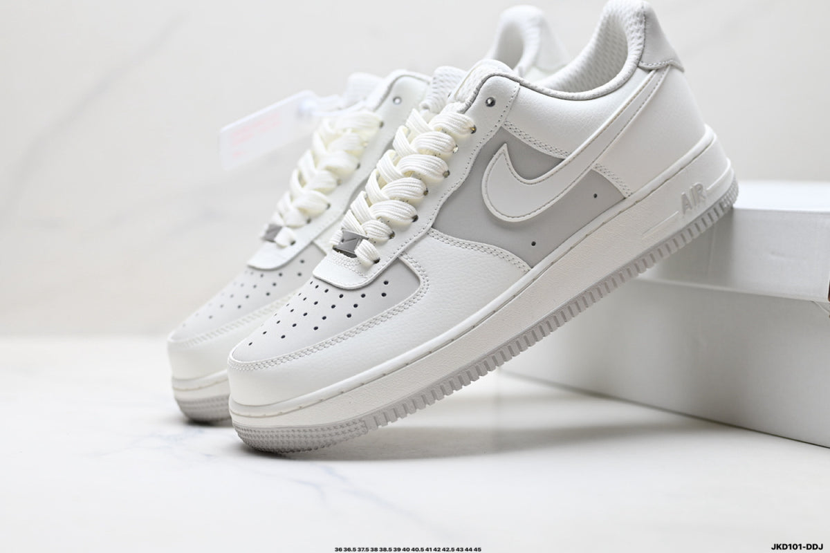 Nike Air Force 1 ’07 Low White & Grey Sneakers, Layered Swoosh Lace-Up Retro Casual Streetwear Shoes