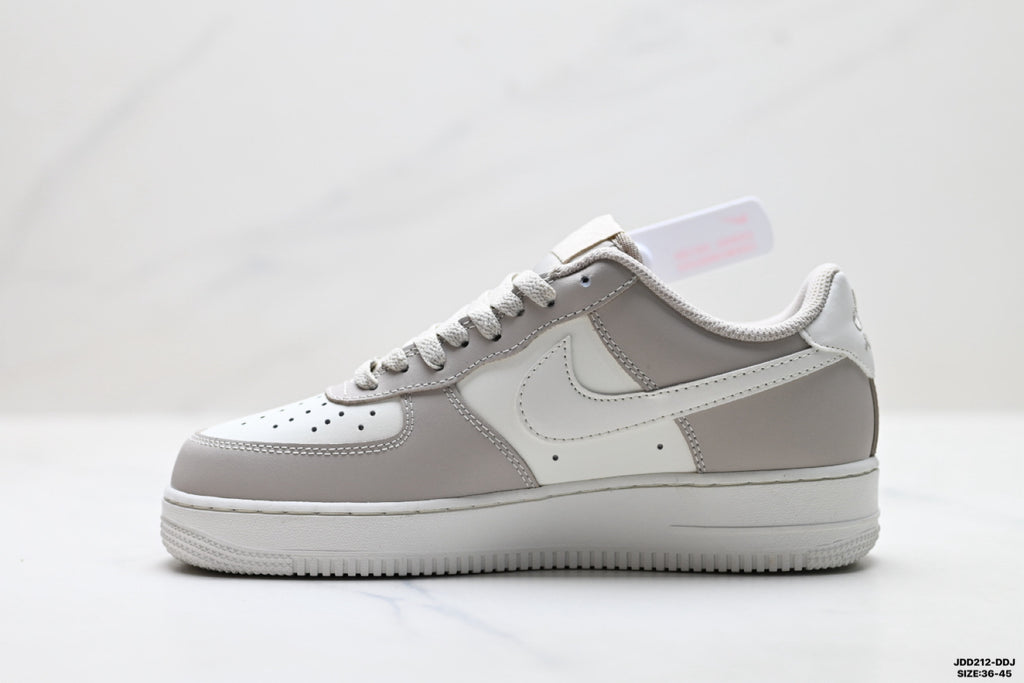 Nike Air Force 1 ’07 Low Grey & White Sneakers with Pink Accents, Color Block Lace-Up Retro Casual Streetwear Shoes