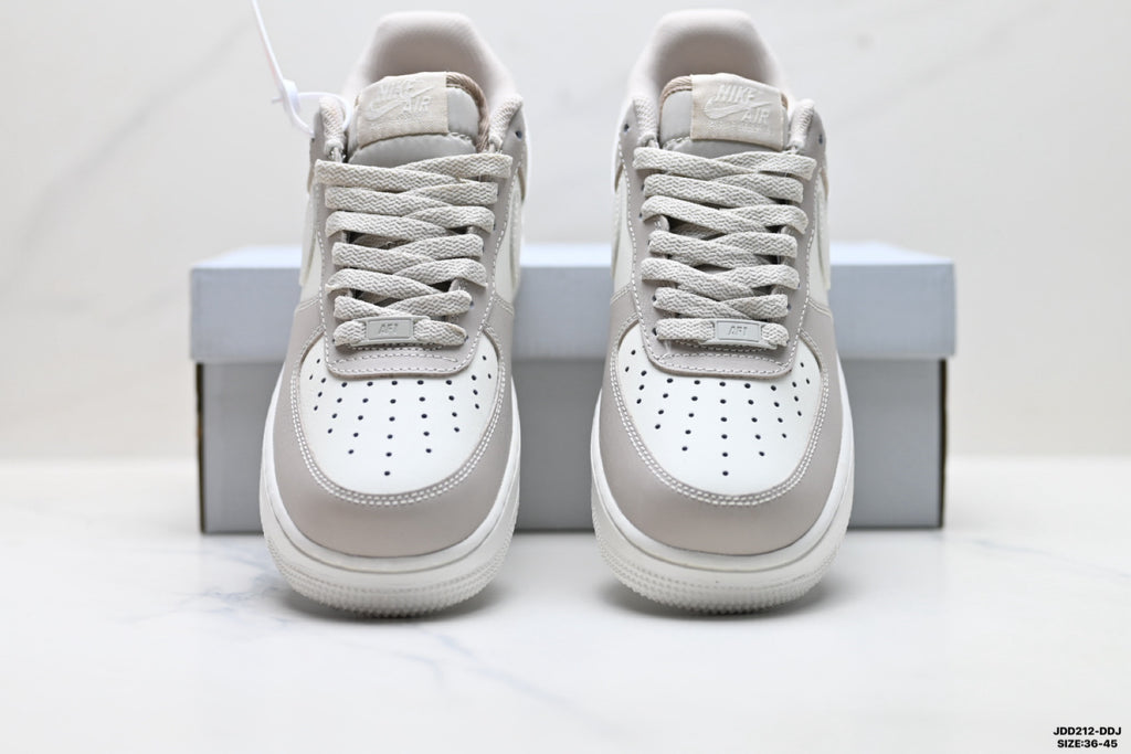 Nike Air Force 1 ’07 Low Grey & White Sneakers with Pink Accents, Color Block Lace-Up Retro Casual Streetwear Shoes
