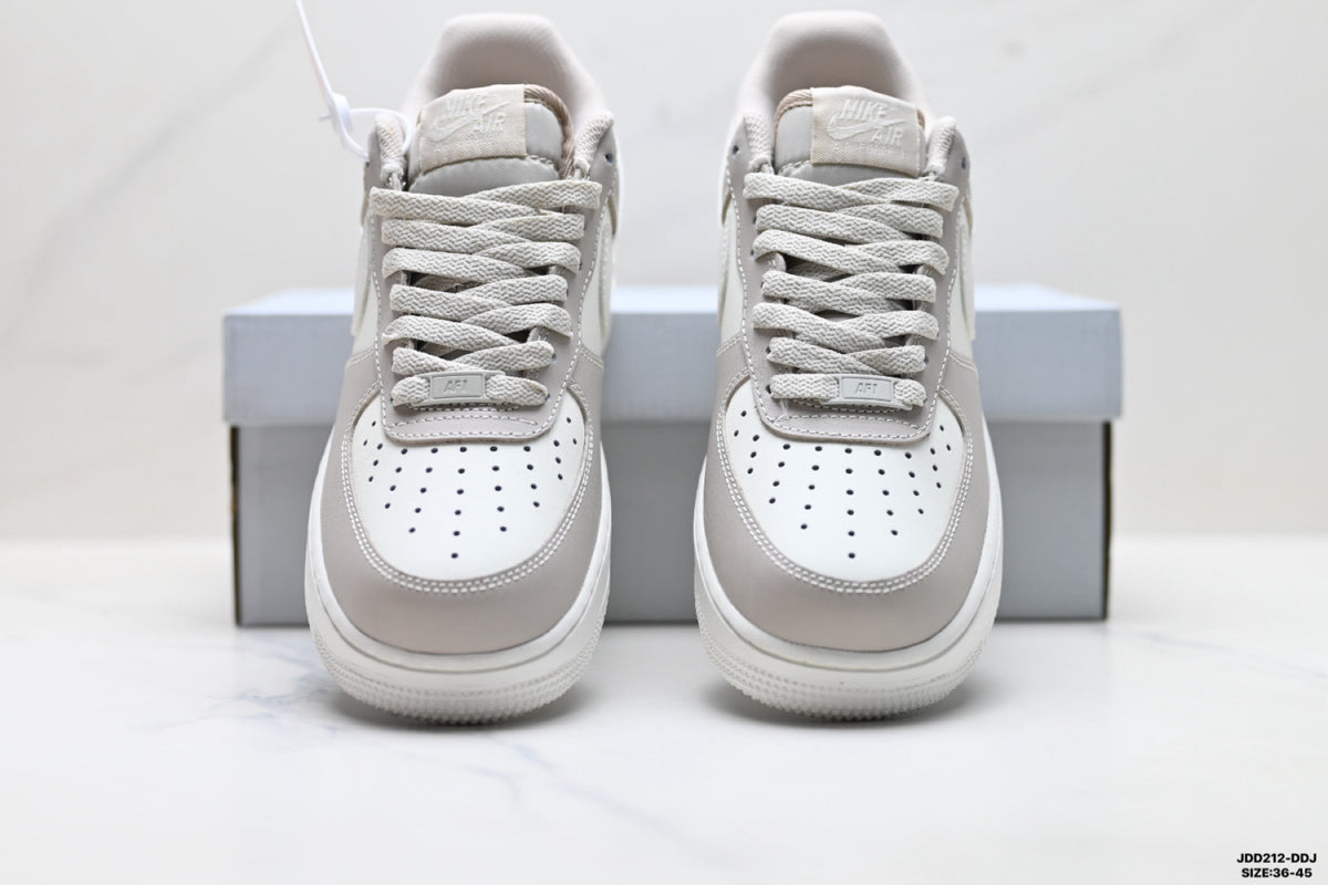Nike Air Force 1 ’07 Low Grey & White Sneakers with Pink Accents, Color Block Lace-Up Retro Casual Streetwear Shoes