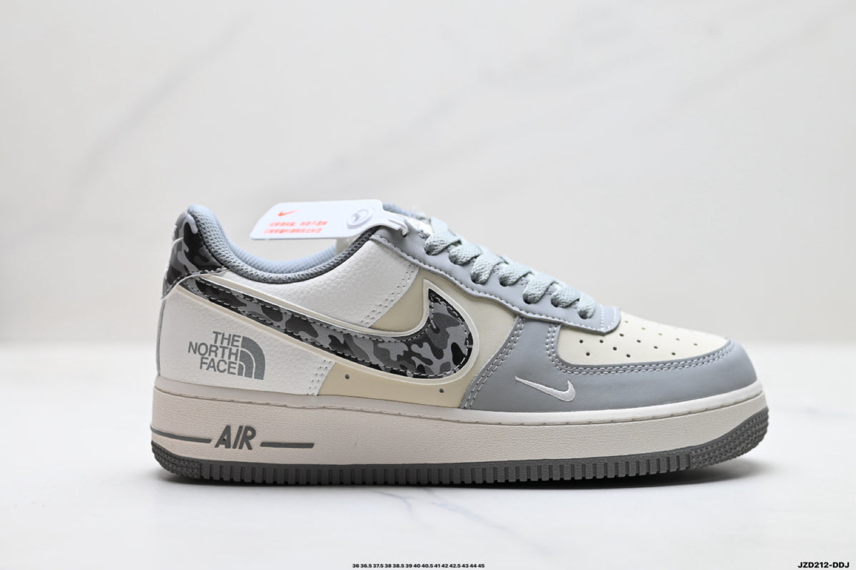 Nike Air Force 1 ’07 Low Grey & White Sneakers with Patterned Swoosh, Mini Swoosh Retro Lace-Up Casual Shoes