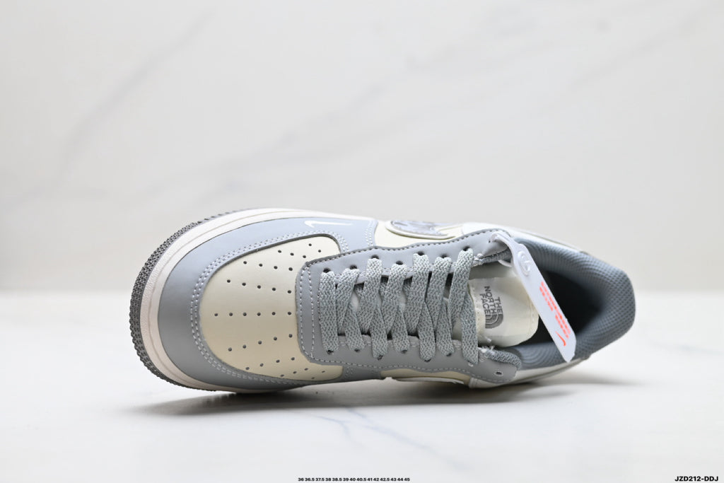 Nike Air Force 1 ’07 Low Grey & White Sneakers with Patterned Swoosh, Mini Swoosh Retro Lace-Up Casual Shoes
