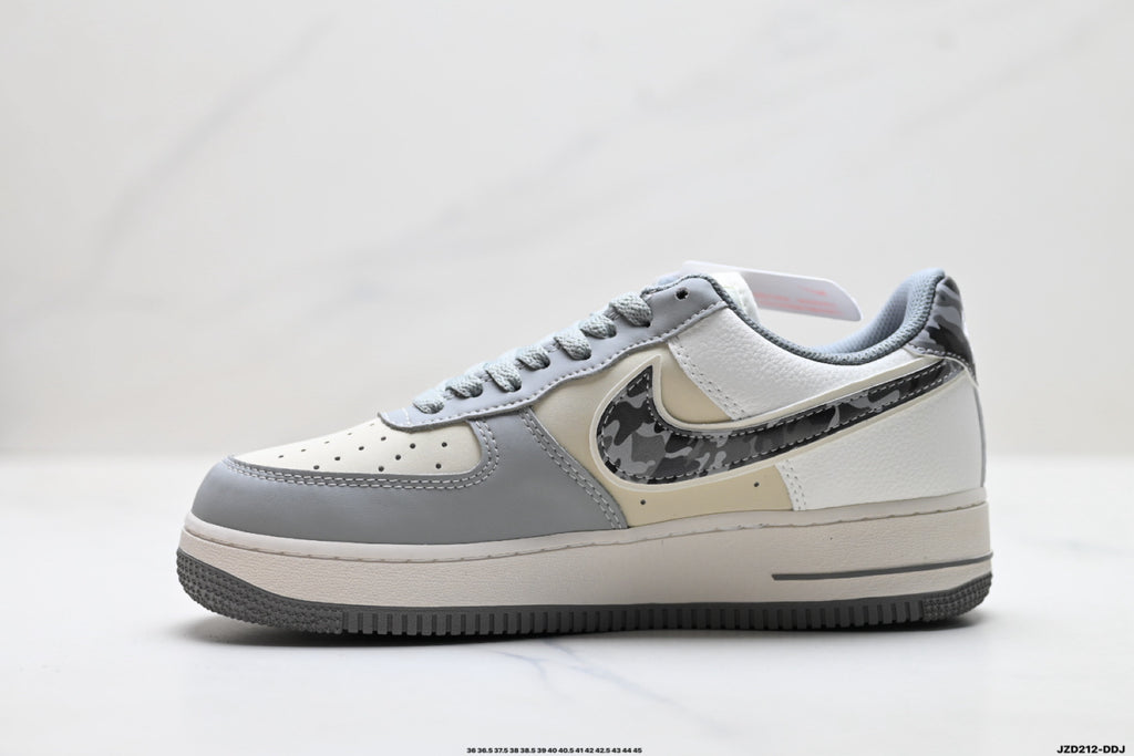 Nike Air Force 1 ’07 Low Grey & White Sneakers with Patterned Swoosh, Mini Swoosh Retro Lace-Up Casual Shoes