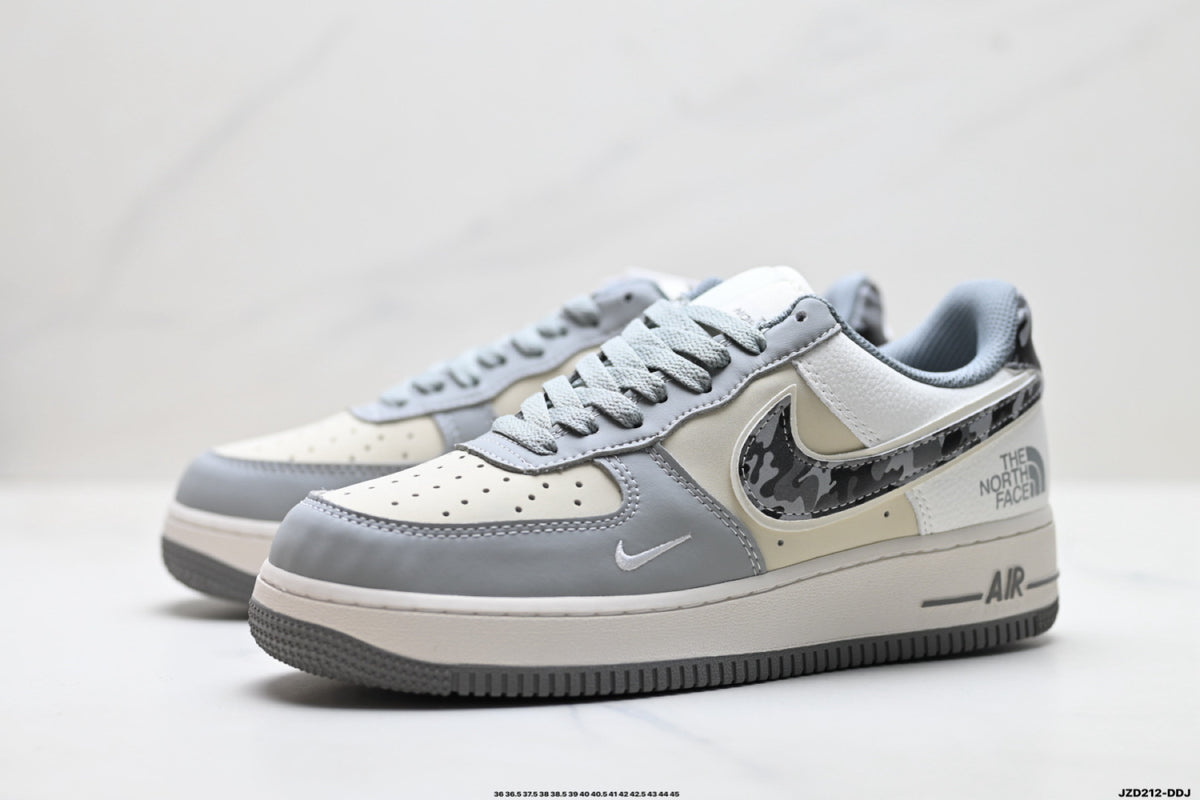 Nike Air Force 1 ’07 Low Grey & White Sneakers with Patterned Swoosh, Mini Swoosh Retro Lace-Up Casual Shoes