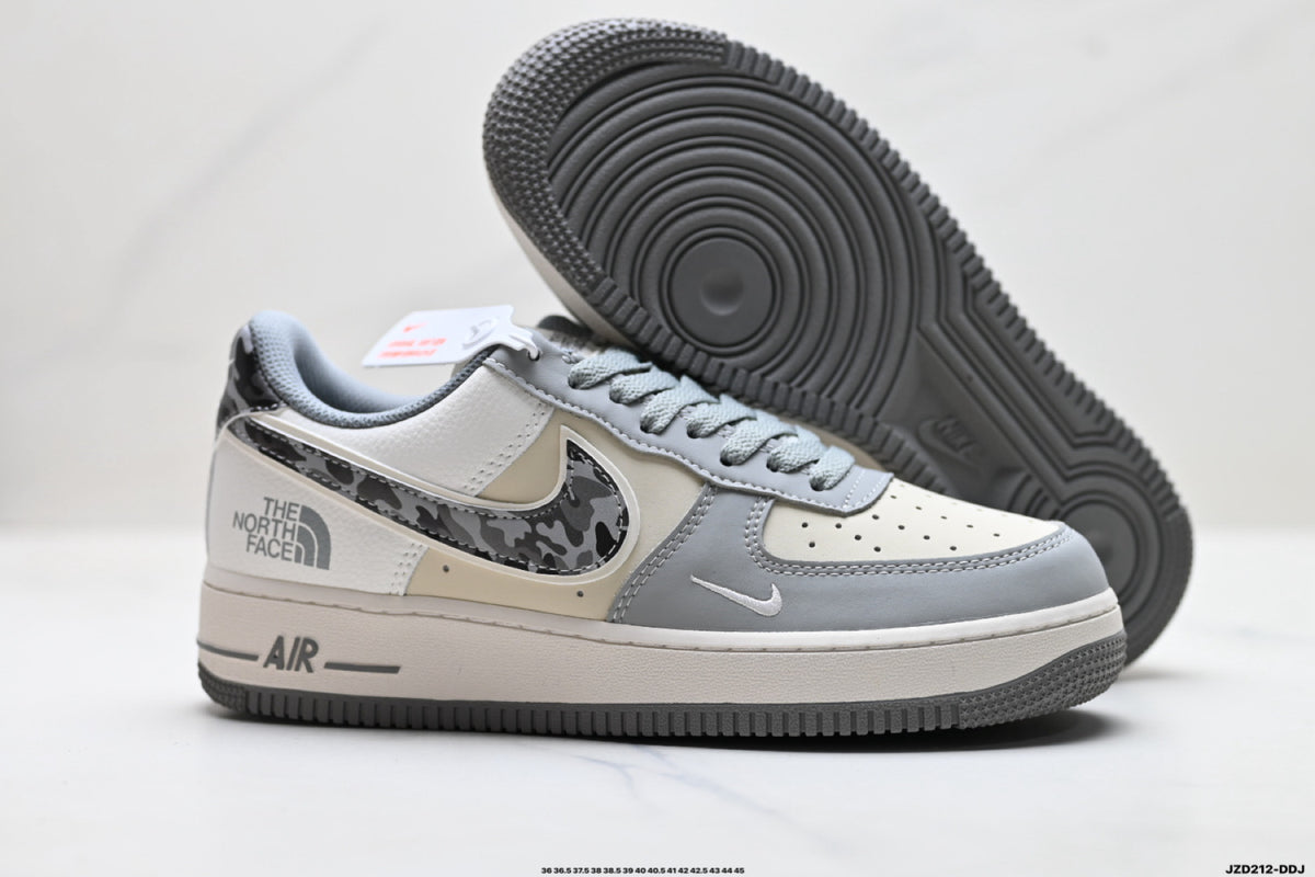 Nike Air Force 1 ’07 Low Grey & White Sneakers with Patterned Swoosh, Mini Swoosh Retro Lace-Up Casual Shoes