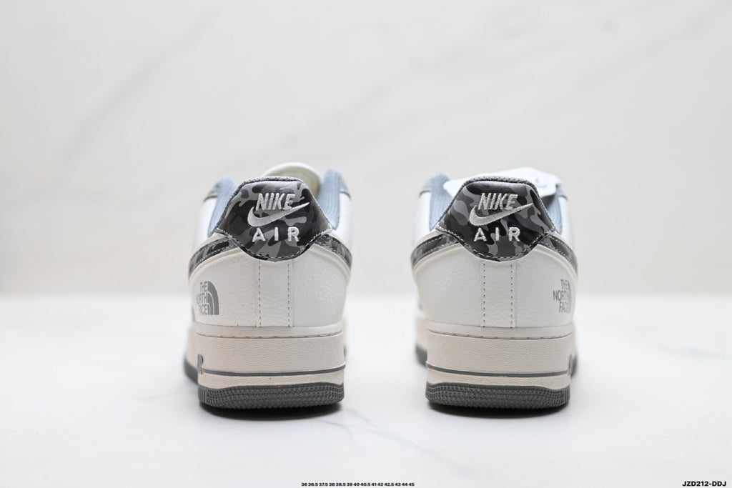 Nike Air Force 1 ’07 Low Grey & White Sneakers with Patterned Swoosh, Mini Swoosh Retro Lace-Up Casual Shoes