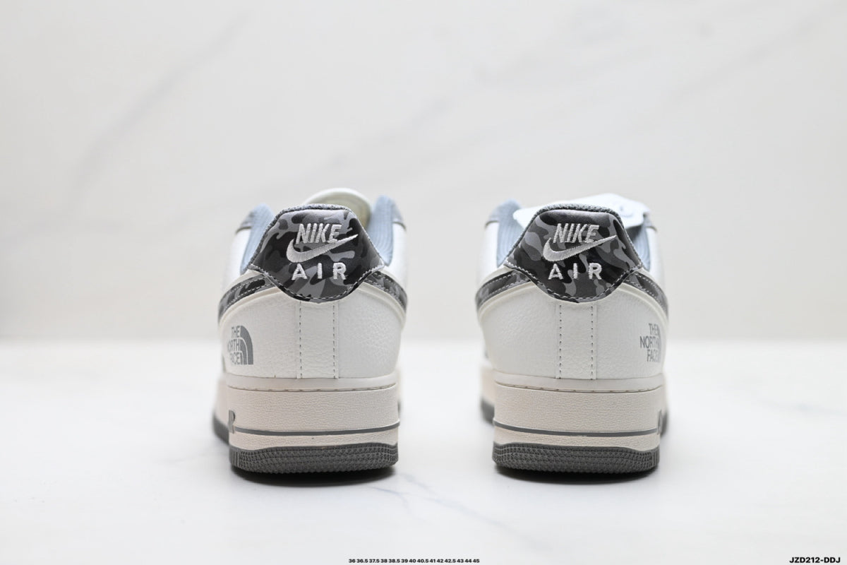 Nike Air Force 1 ’07 Low Grey & White Sneakers with Patterned Swoosh, Mini Swoosh Retro Lace-Up Casual Shoes